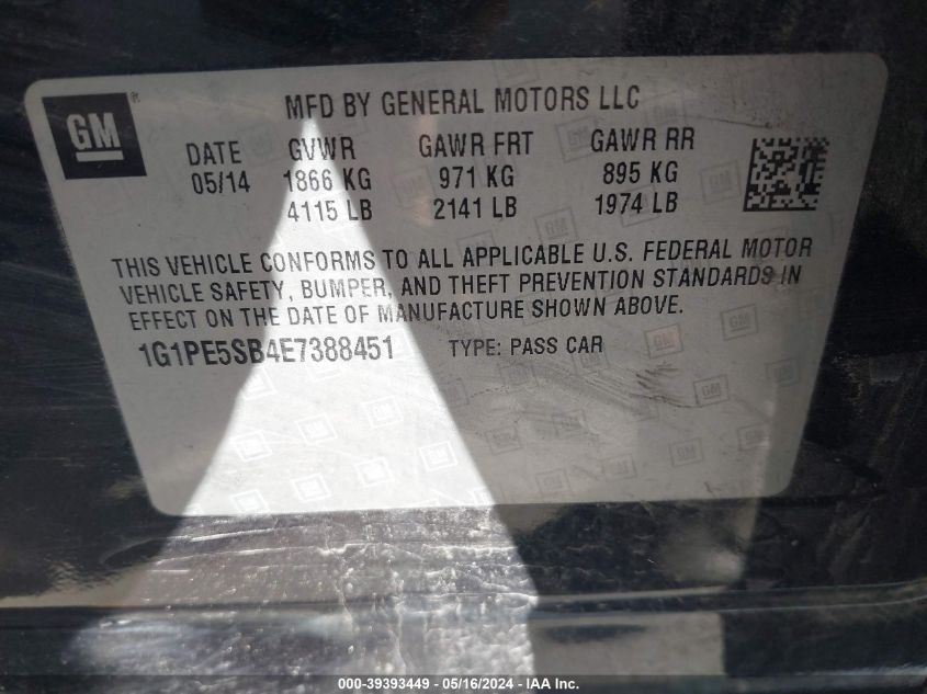 2014 Chevrolet Cruze 2Lt Auto VIN: 1G1PE5SB4E7388451 Lot: 39393449