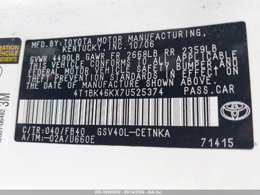 2007 Toyota Camry Le V6 VIN: 4T1BK46KX7U525374 Lot: 39393452