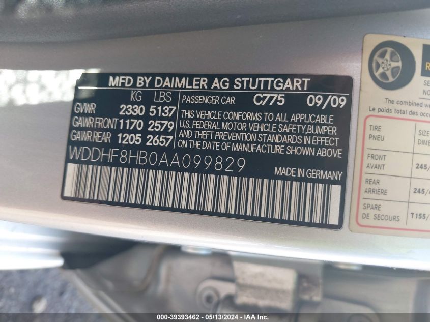 2010 Mercedes-Benz E 350 4Matic VIN: WDDHF8HB0AA099829 Lot: 39393462