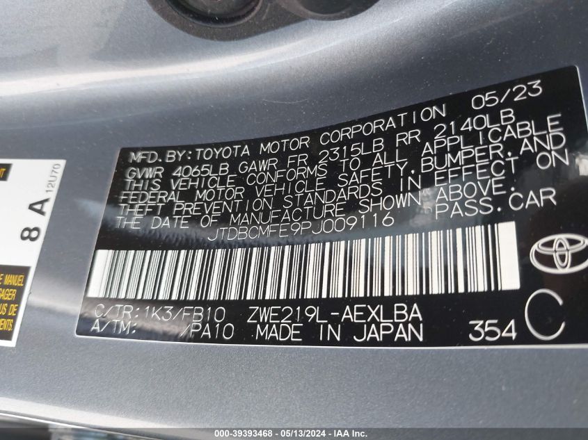 2023 Toyota Corolla Hybrid Le VIN: JTDBCMFE9PJ009116 Lot: 39393468