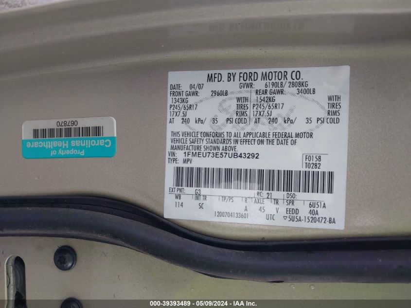 2007 Ford Explorer Xlt VIN: 1FMEU73E57UB43292 Lot: 39393489