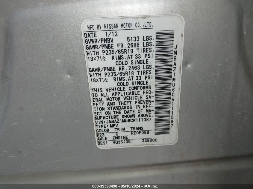 2012 Nissan Murano Sl VIN: JN8AZ1MU6CW111087 Lot: 39393498