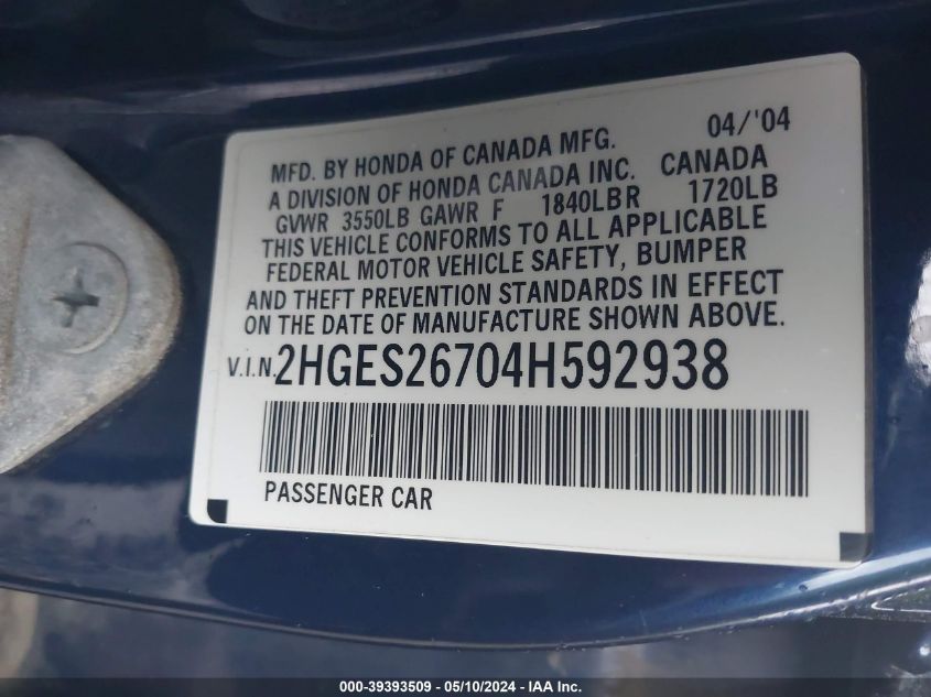 2004 Honda Civic Ex VIN: 2HGES26704H592938 Lot: 39393509