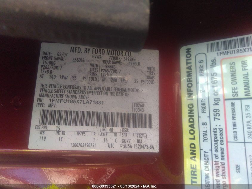 2007 Ford Expedition Eddie Bauer VIN: 1FMFU185X7LA71831 Lot: 39393521