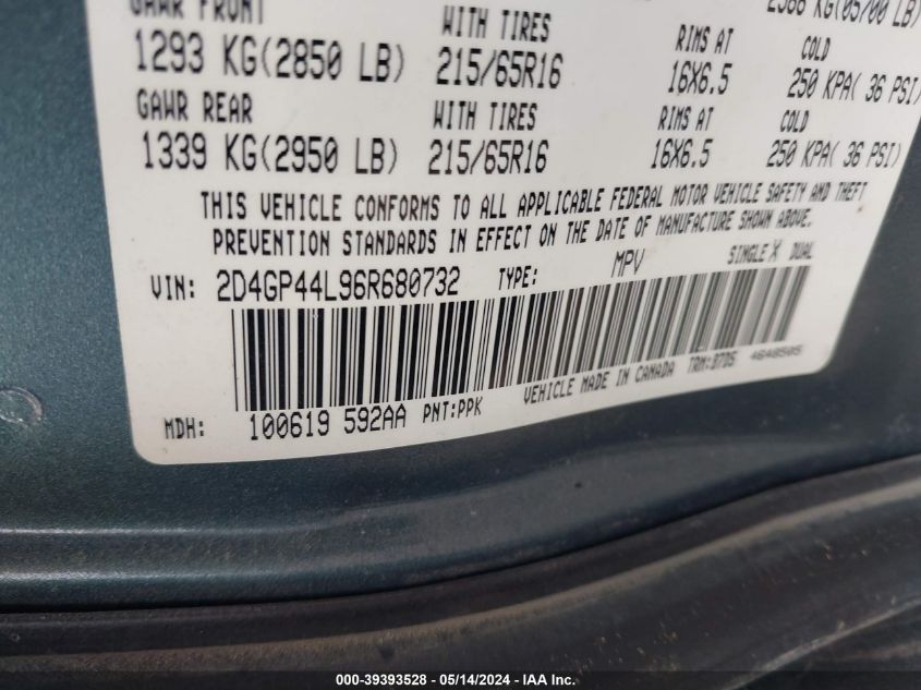 2006 Dodge Grand Caravan Sxt VIN: 2D4GP44L96R680732 Lot: 39393528