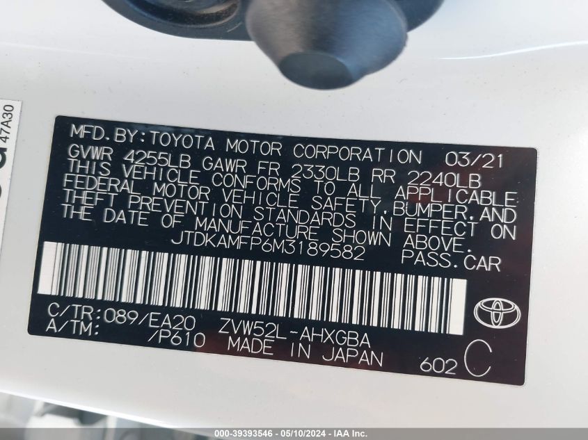 2021 Toyota Prius Prime Limited VIN: JTDKAMFP6M3189582 Lot: 39393546