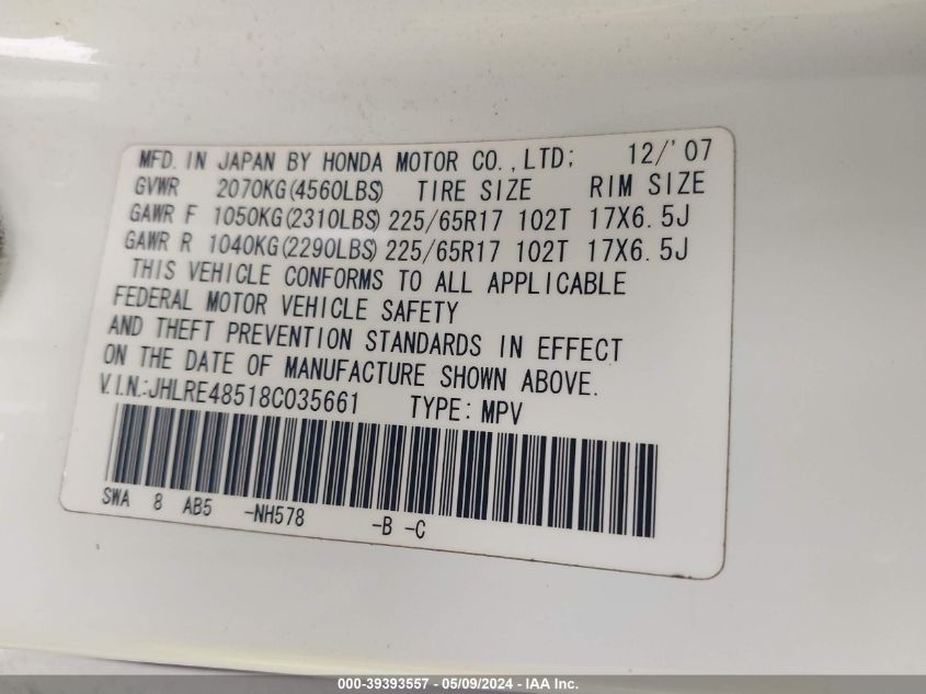 2008 Honda Cr-V Ex VIN: JHLRE48518C035661 Lot: 39393557