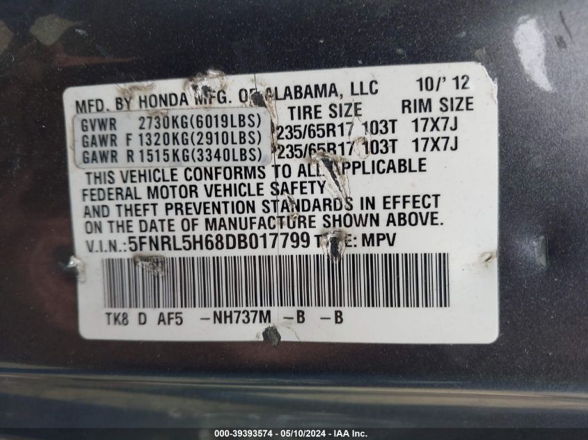 2013 Honda Odyssey Ex-L VIN: 5FNRL5H68DB017799 Lot: 39393574