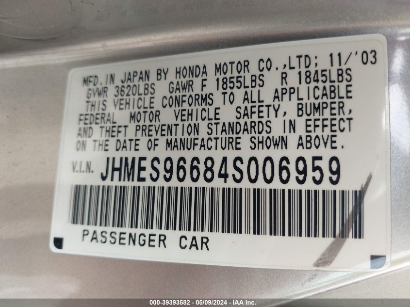 2004 Honda Civic Hybrid VIN: JHMES96684S006959 Lot: 39393582