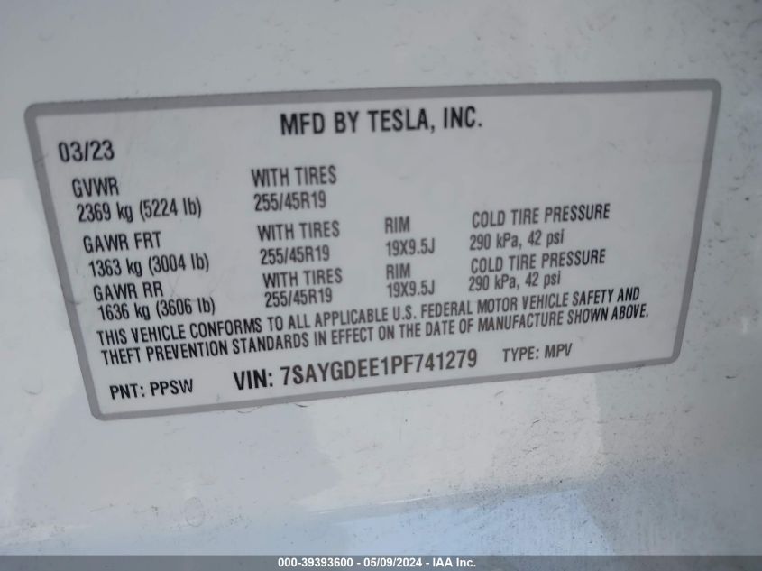 2023 Tesla Model Y VIN: 7SAYGDEE1PF741279 Lot: 39393600