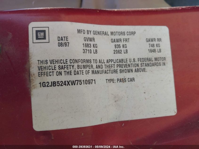 1998 Pontiac Sunfire Se VIN: 1G2JB524XW7510971 Lot: 39393631