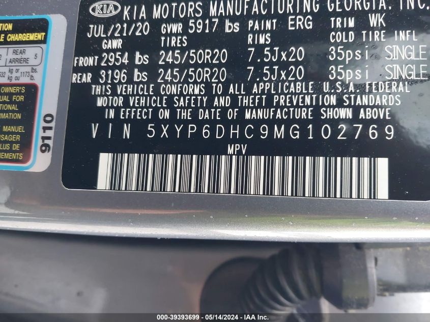 2021 Kia Telluride S VIN: 5XYP6DHC9MG102769 Lot: 39393699