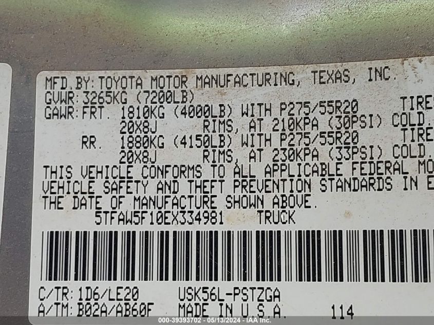 2014 Toyota Tundra Platinum 5.7L V8 VIN: 5TFAW5F10EX334981 Lot: 39393702