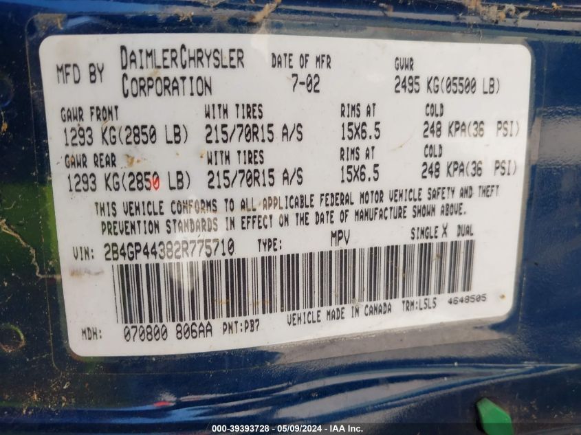 2002 Dodge Grand Caravan Sport VIN: 2B4GP44382R775710 Lot: 39393728