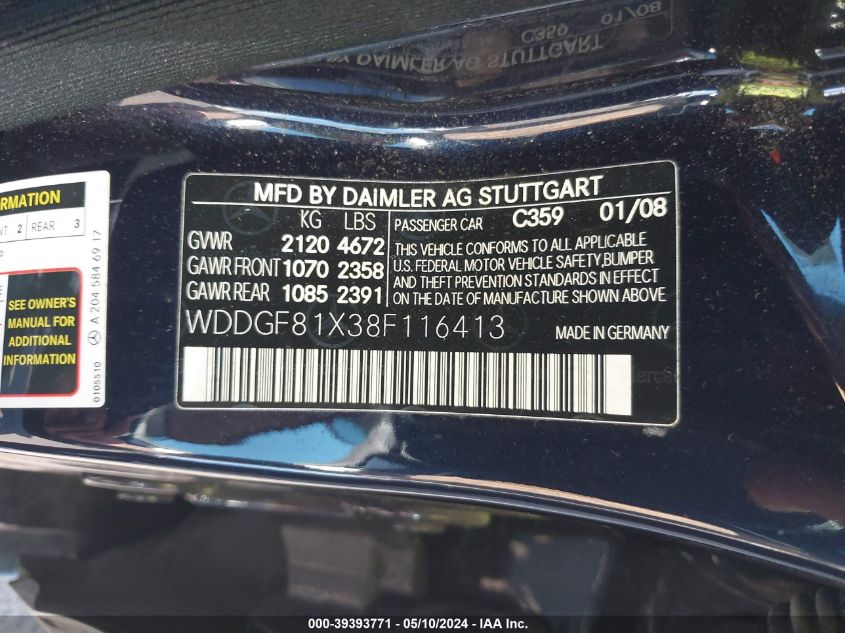 2008 Mercedes-Benz C 300 Luxury 4Matic/Sport 4Matic VIN: WDDGF81X38F116413 Lot: 39393771