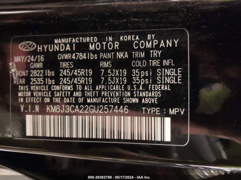 2016 Hyundai Tucson Limited VIN: KM8J3CA22GU257446 Lot: 39393789