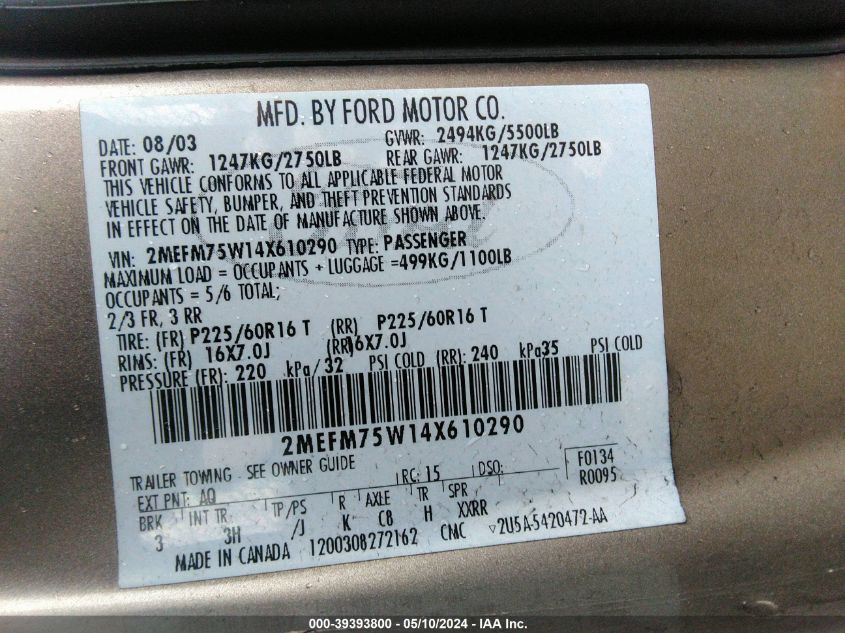 2004 Mercury Grand Marquis Ls VIN: 2MEFM75W14X610290 Lot: 39393800