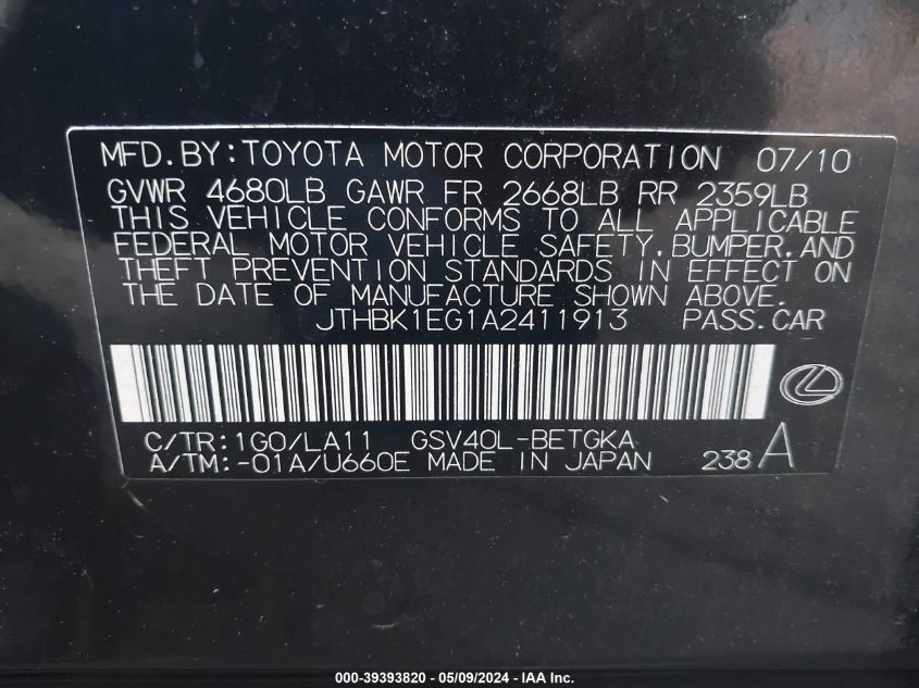 2010 Lexus Es 350 VIN: JTHBK1EG1A2411913 Lot: 39393820