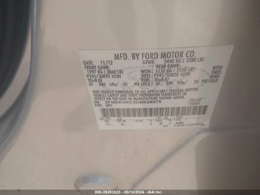 2013 Ford Edge Limited VIN: 2FMDK3KC3DBB28575 Lot: 39393823