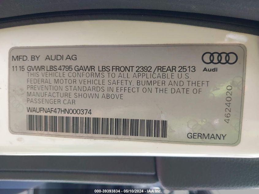 2017 Audi A4 2.0T Premium VIN: WAUFNAF47HN000374 Lot: 39393834