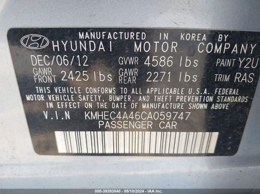 2012 Hyundai Sonata Hybrid VIN: KMHEC4A46CA059747 Lot: 39393840