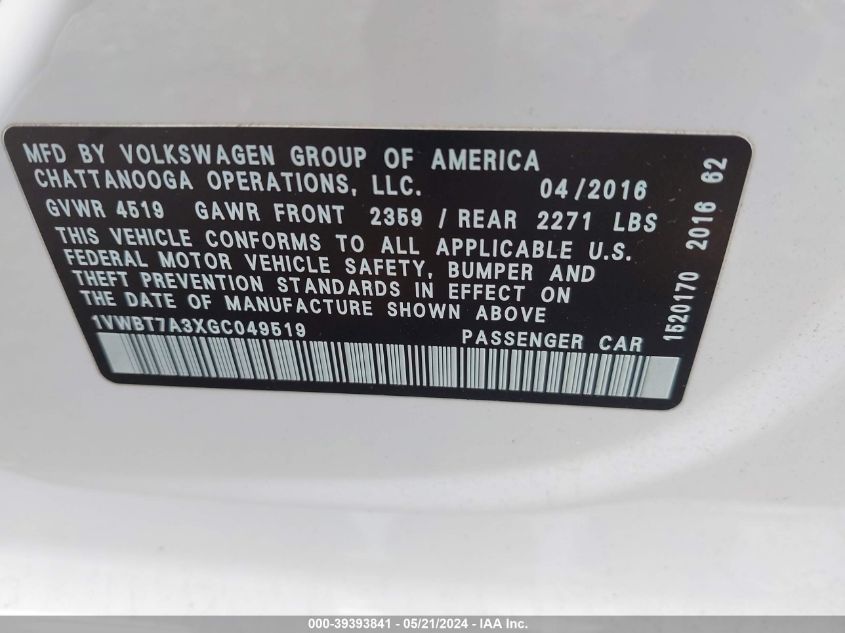 2016 Volkswagen Passat 1.8T Se VIN: 1VWBT7A3XGC049519 Lot: 39393841
