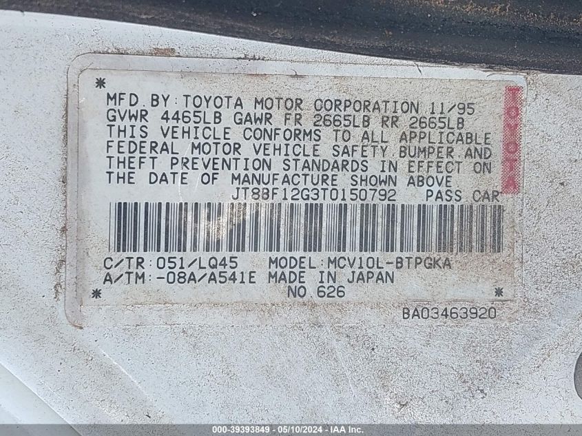 1996 Lexus Es 300 VIN: JT8BF12G3T0150792 Lot: 39393849