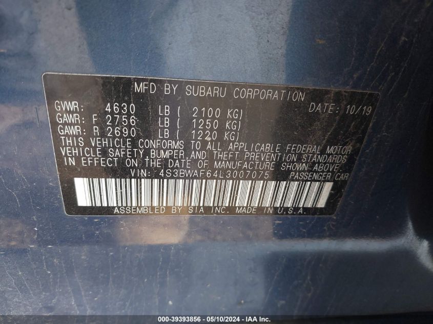 2020 Subaru Legacy Sport VIN: 4S3BWAF64L3007075 Lot: 39393856