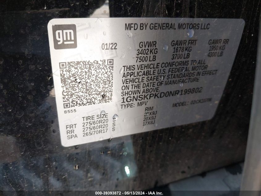 2022 Chevrolet Tahoe 4Wd Z71 VIN: 1GNSKPKD0NR199802 Lot: 39393872