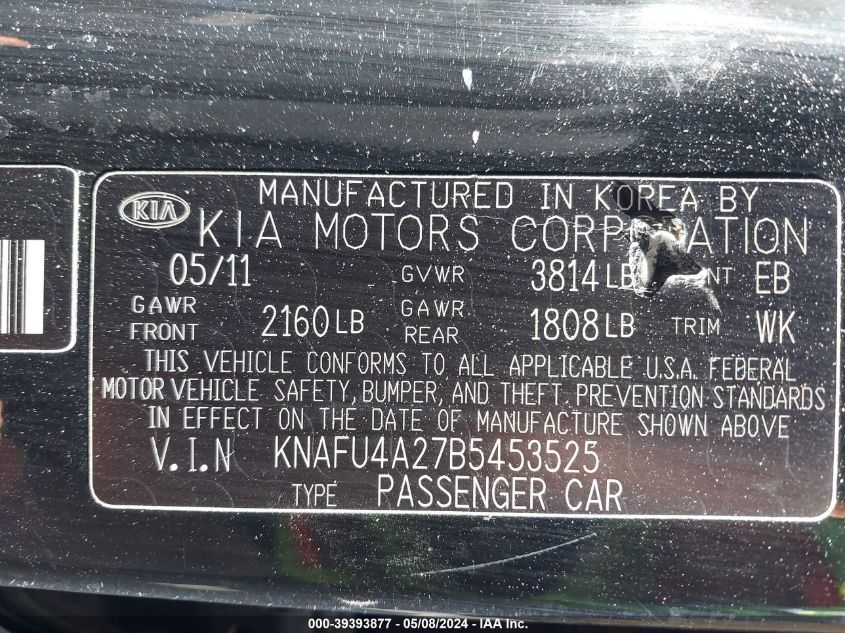 2011 Kia Forte Ex VIN: KNAFU4A27B5453525 Lot: 39393877