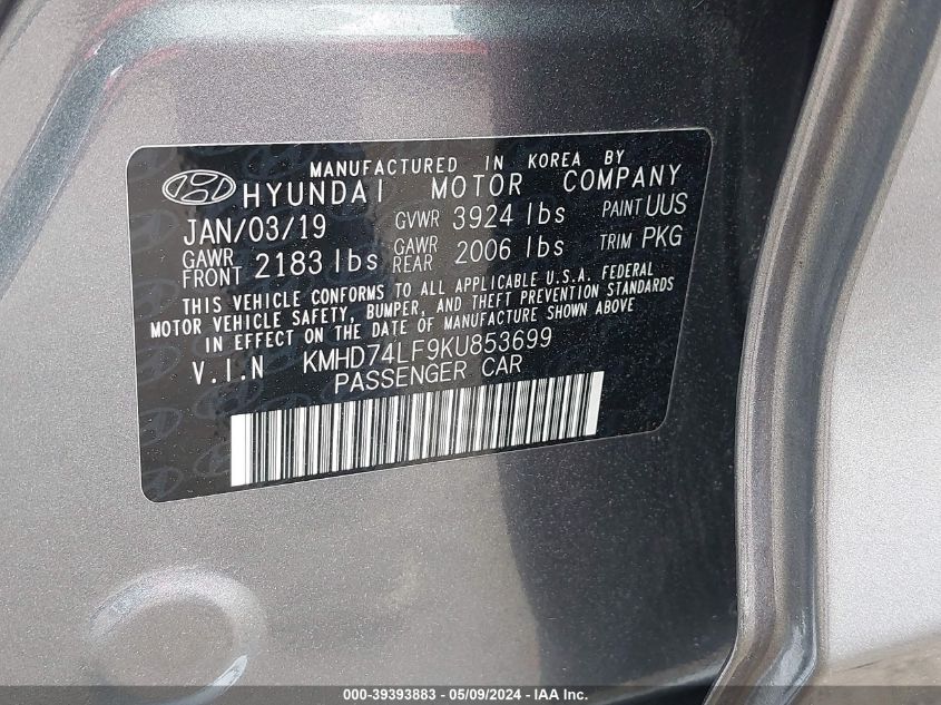 2019 Hyundai Elantra Se VIN: KMHD74LF9KU853699 Lot: 39393883