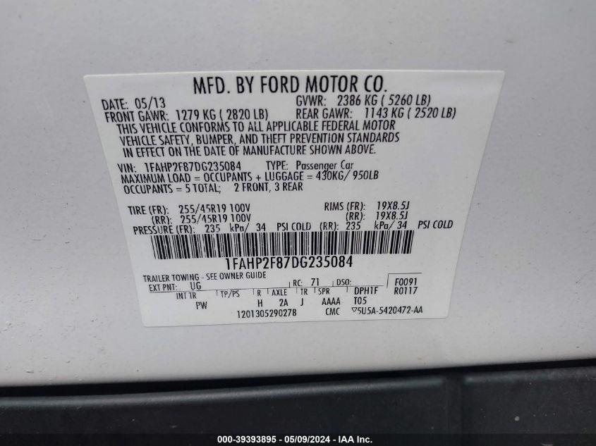 2013 Ford Taurus Limited VIN: 1FAHP2F87DG235084 Lot: 39393895