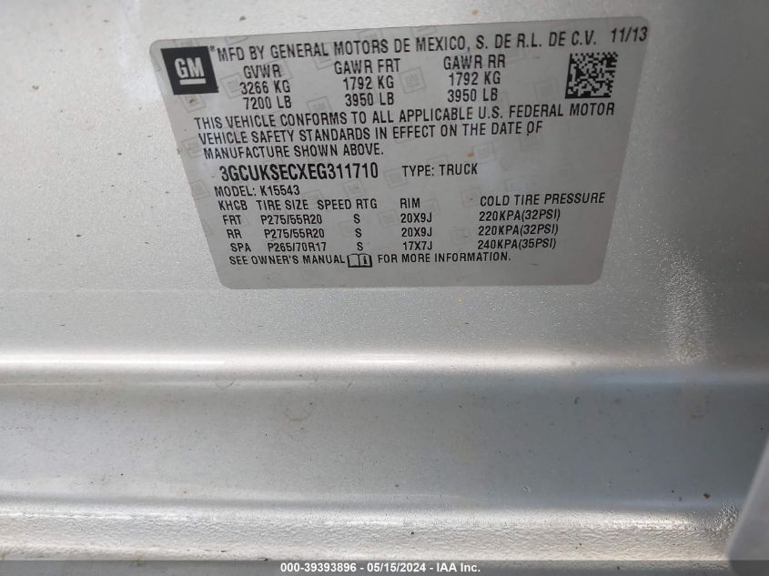 2014 Chevrolet Silverado 1500 2Lz VIN: 3GCUKSECXEG311710 Lot: 39393896