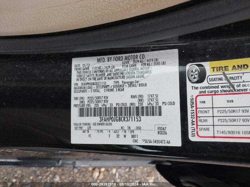2012 Ford Fusion Sel VIN: 3FAHP0JG8CR371153 Lot: 39393910