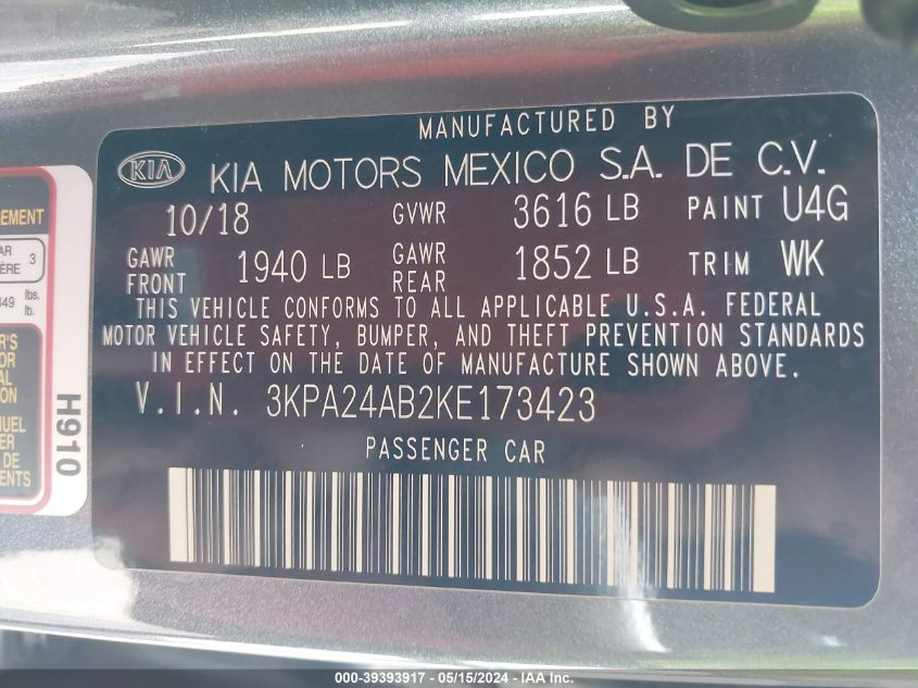 2019 Kia Rio S VIN: 3KPA24AB2KE173423 Lot: 39393917