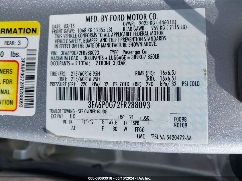 2015 Ford Fusion S VIN: 3FA6P0G72FR288093 Lot: 39393918