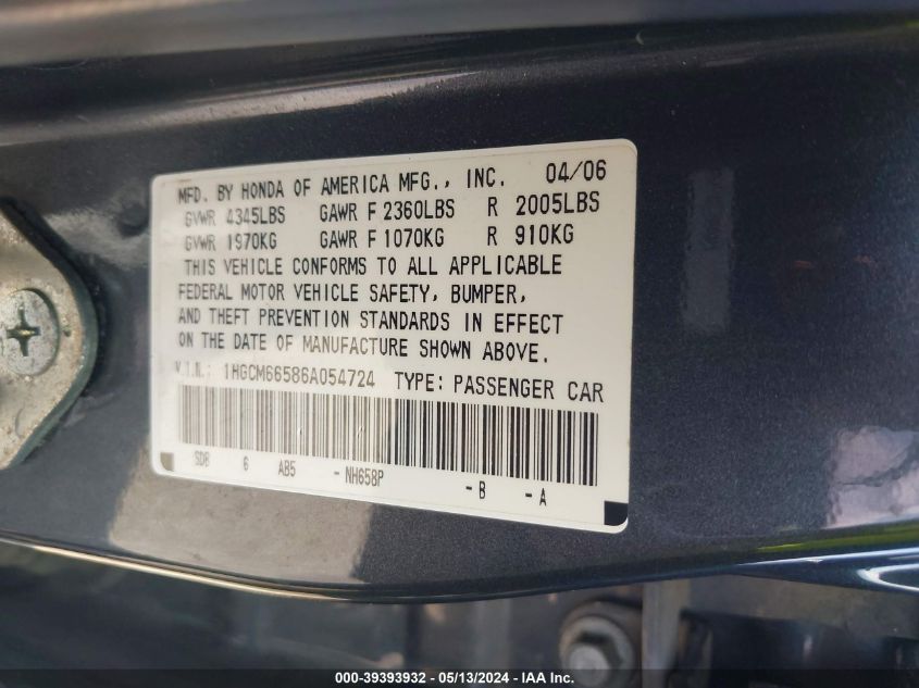 2006 Honda Accord 3.0 Ex VIN: 1HGCM66586A054724 Lot: 39393932