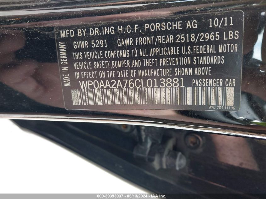 2012 Porsche Panamera 4 VIN: WP0AA2A76CL013881 Lot: 39393937