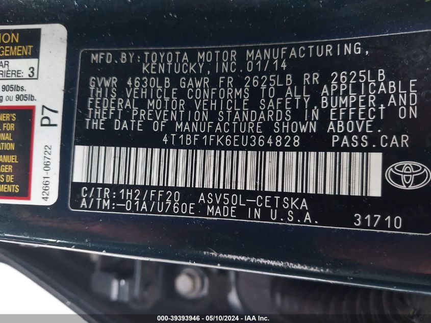 2014 Toyota Camry Se VIN: 4T1BF1FK6EU364828 Lot: 39393946