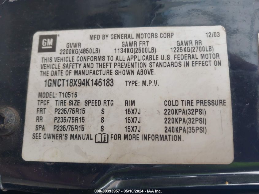 2004 Chevrolet Blazer Ls VIN: 1GNCT18X94K146183 Lot: 39393957