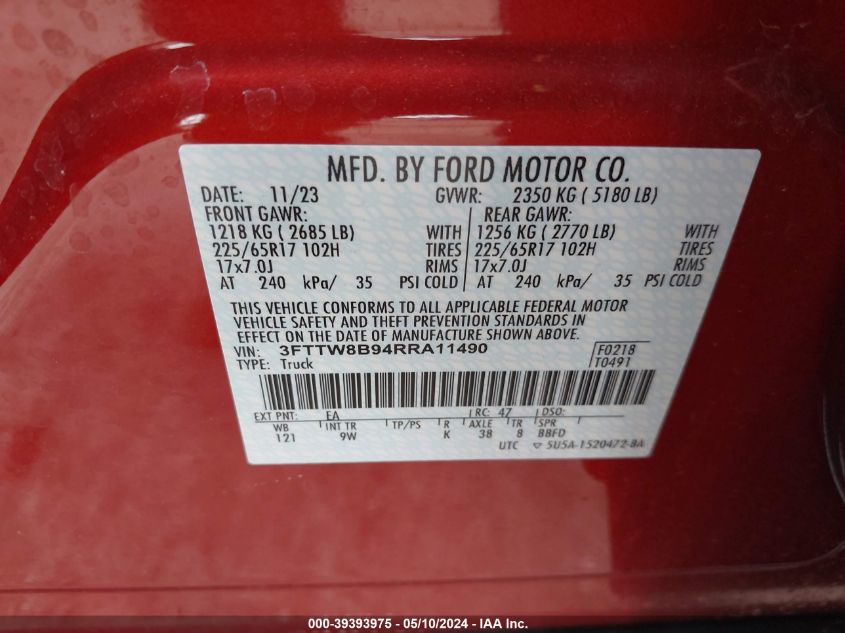 2024 FORD MAVERICK XL - 3FTTW8B94RRA11490