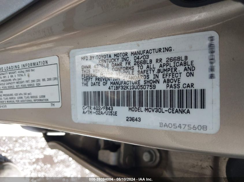 4T1BF32K13U050759 2003 Toyota Camry Le V6