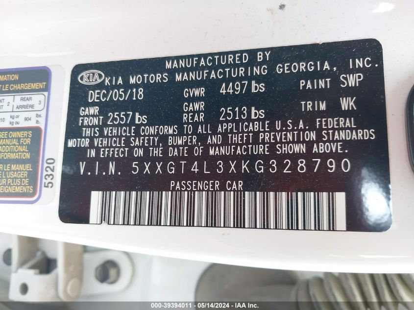 2019 Kia Optima S VIN: 5XXGT4L3XKG328790 Lot: 39394011