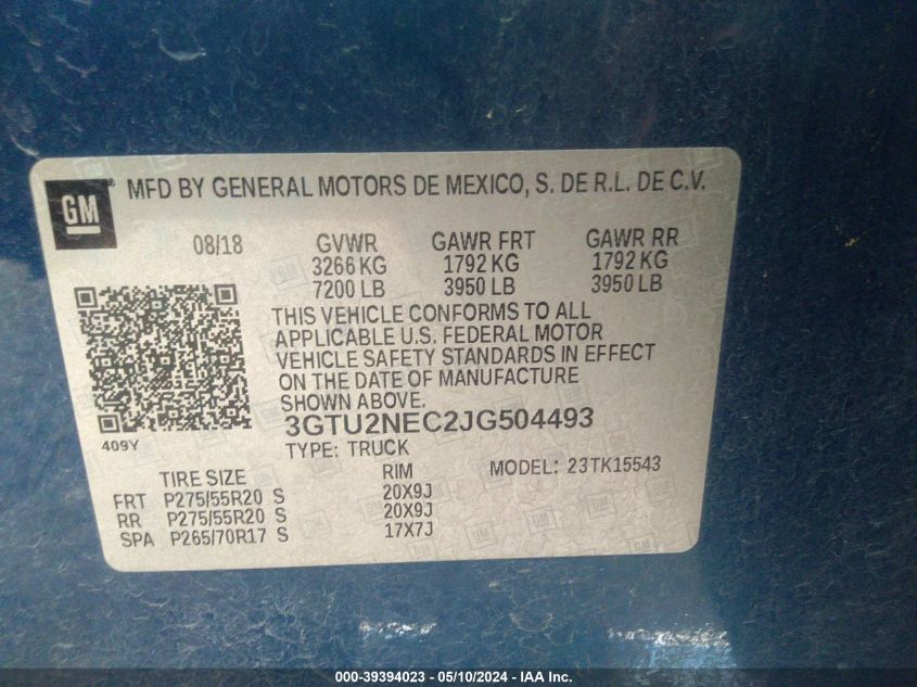2018 GMC Sierra 1500 Slt VIN: 3GTU2NEC2JG504493 Lot: 39394023