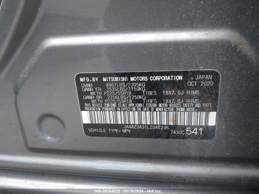 2020 Mitsubishi Outlander Es 2.4 S-Awc VIN: JA4AZ3A31LZ045236 Lot: 39394022