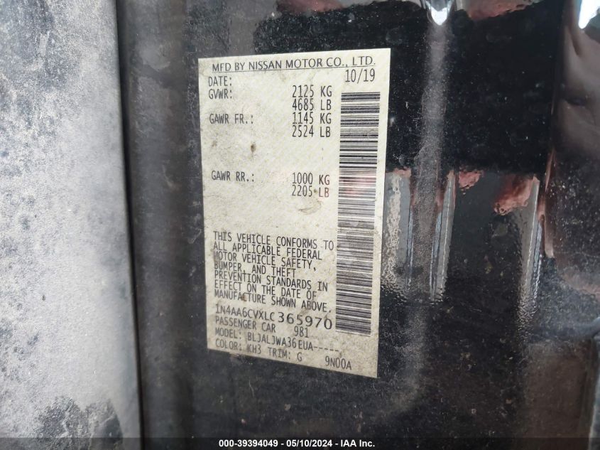 2020 Nissan Maxima Sv Xtronic Cvt VIN: 1N4AA6CVXLC365970 Lot: 39394049