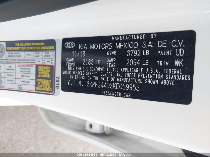 2019 Kia Forte Lxs VIN: 3KPF24AD3KE059955 Lot: 39394071