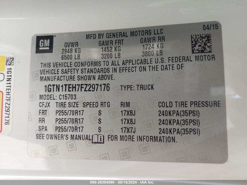 2015 GMC Sierra 1500 VIN: 1GTN1TEH7FZ297176 Lot: 39394090