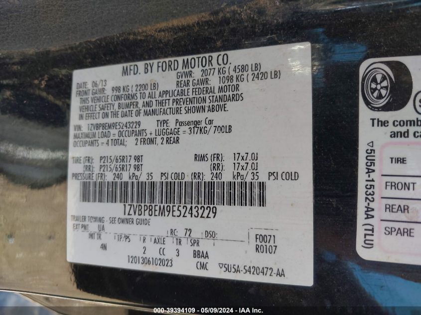 2014 Ford Mustang V6 Premium VIN: 1ZVBP8EM9E5243229 Lot: 39394109