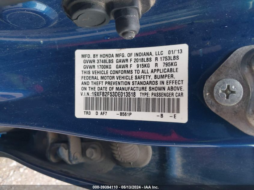 2013 Honda Civic Lx VIN: 19XFB2F53DE013518 Lot: 39394110